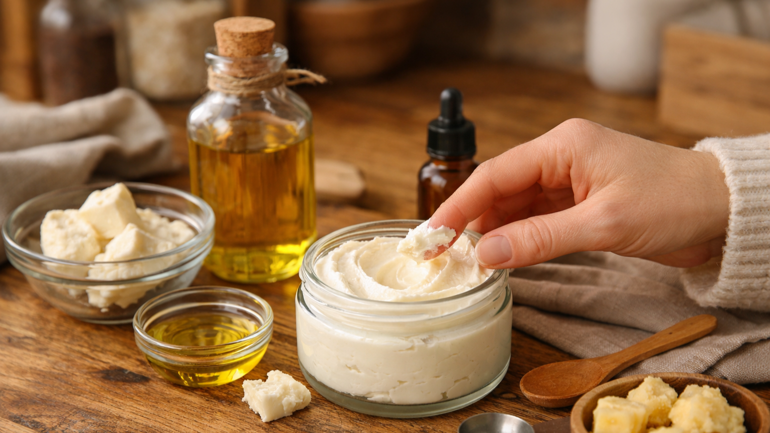 Příprava domácího krému pro citlivou a ekzematickou pokožku – bambucké máslo, rostlinný olej a hotový krém v dřevěné kuchyni